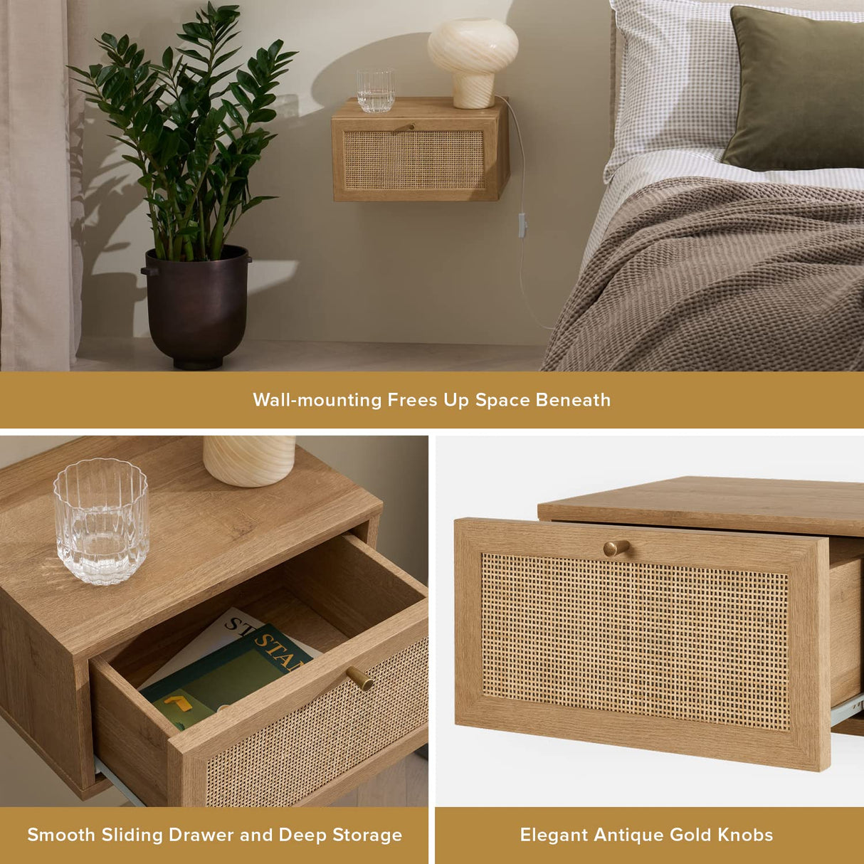 mopio Hannah Floating Nightstand, Natural Rattan Farmhouse Boho Wall Mounted Space Saving Bedside Tables, Nightstands, Drawer with Spacious Storage, for Bedroom, Living (Set of 2) mopio