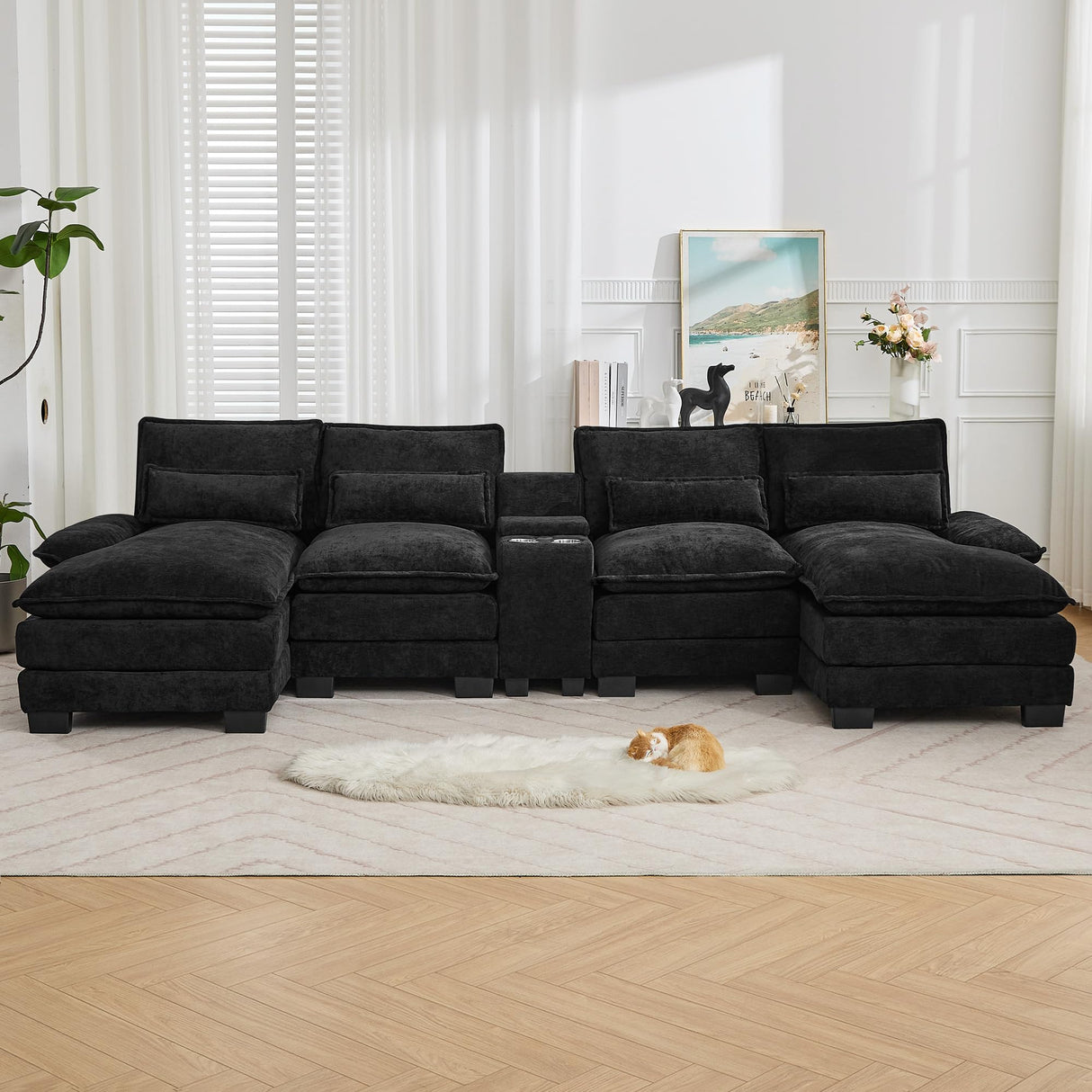 125'' U Shaped Cloud Modular Sofa with Chaise Lounges, Chenille Upholstered Comfy Sectional Couch with Storage Console, USB Charging Ports & Cup Holders, Modern Deep Seat Sofa for Living Room, Black WUTUTUEE