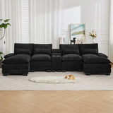 125'' U Shaped Cloud Modular Sofa with Chaise Lounges, Chenille Upholstered Comfy Sectional Couch with Storage Console, USB Charging Ports & Cup Holders, Modern Deep Seat Sofa for Living Room, Black WUTUTUEE