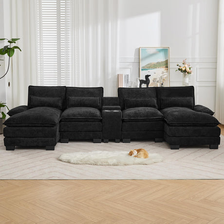 125'' U Shaped Cloud Modular Sofa with Chaise Lounges, Chenille Upholstered Comfy Sectional Couch with Storage Console, USB Charging Ports & Cup Holders, Modern Deep Seat Sofa for Living Room, Black WUTUTUEE
