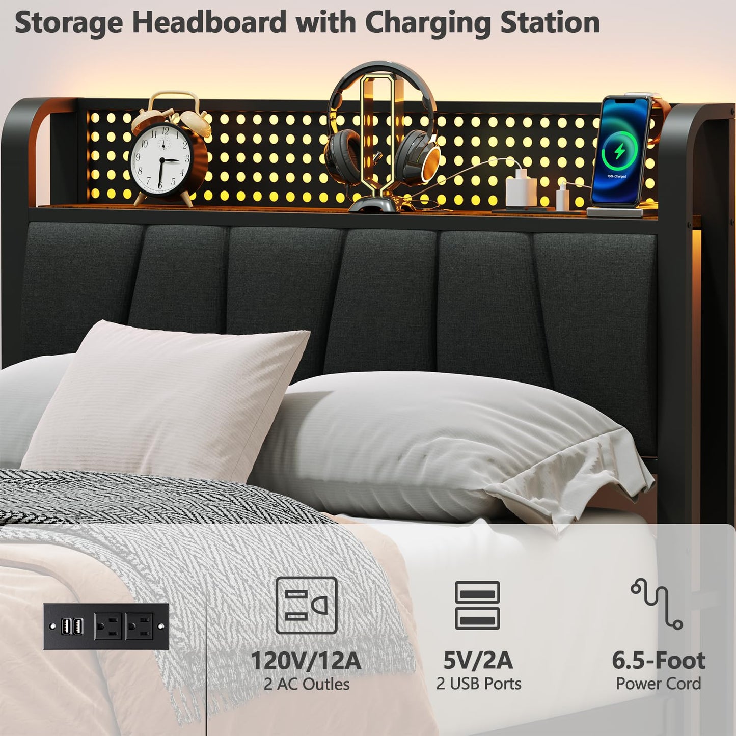 Furnulem Twin Size Bed Frame with LED Lighting, Charging Station, and Upholstered Storage Headboard in Grey - WoodArtSupply