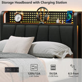 Furnulem Twin Size Bed Frame with LED Lighting, Charging Station, and Upholstered Storage Headboard in Grey Furnulem