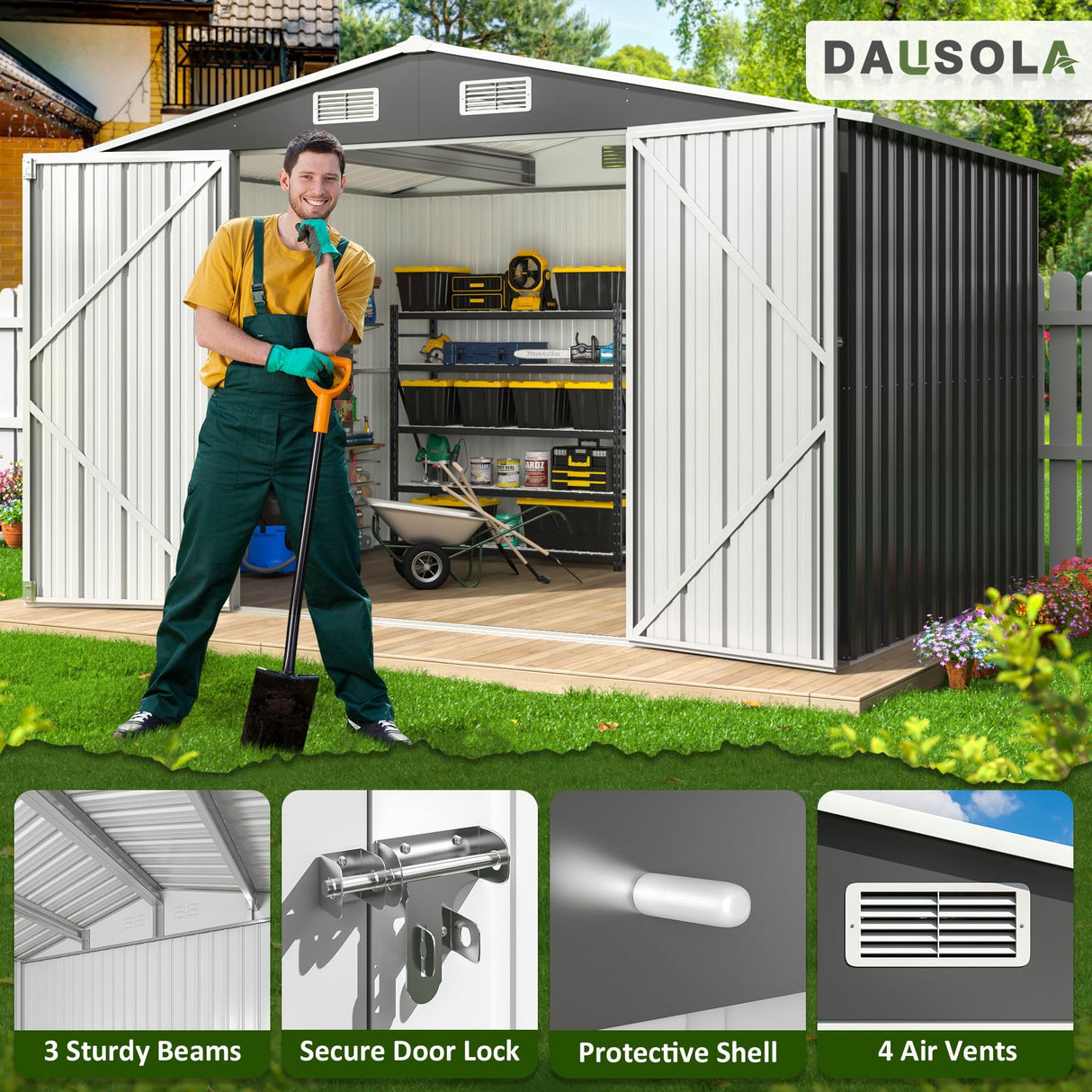 DAUSOLA 10x8 FT Outdoor Storage Shed, Metal Garden Tool Shed with Updated Frame Structure and Lockable Doors, Ideal for Backyard Garden Patio Lawn, Grey DAUSOLA