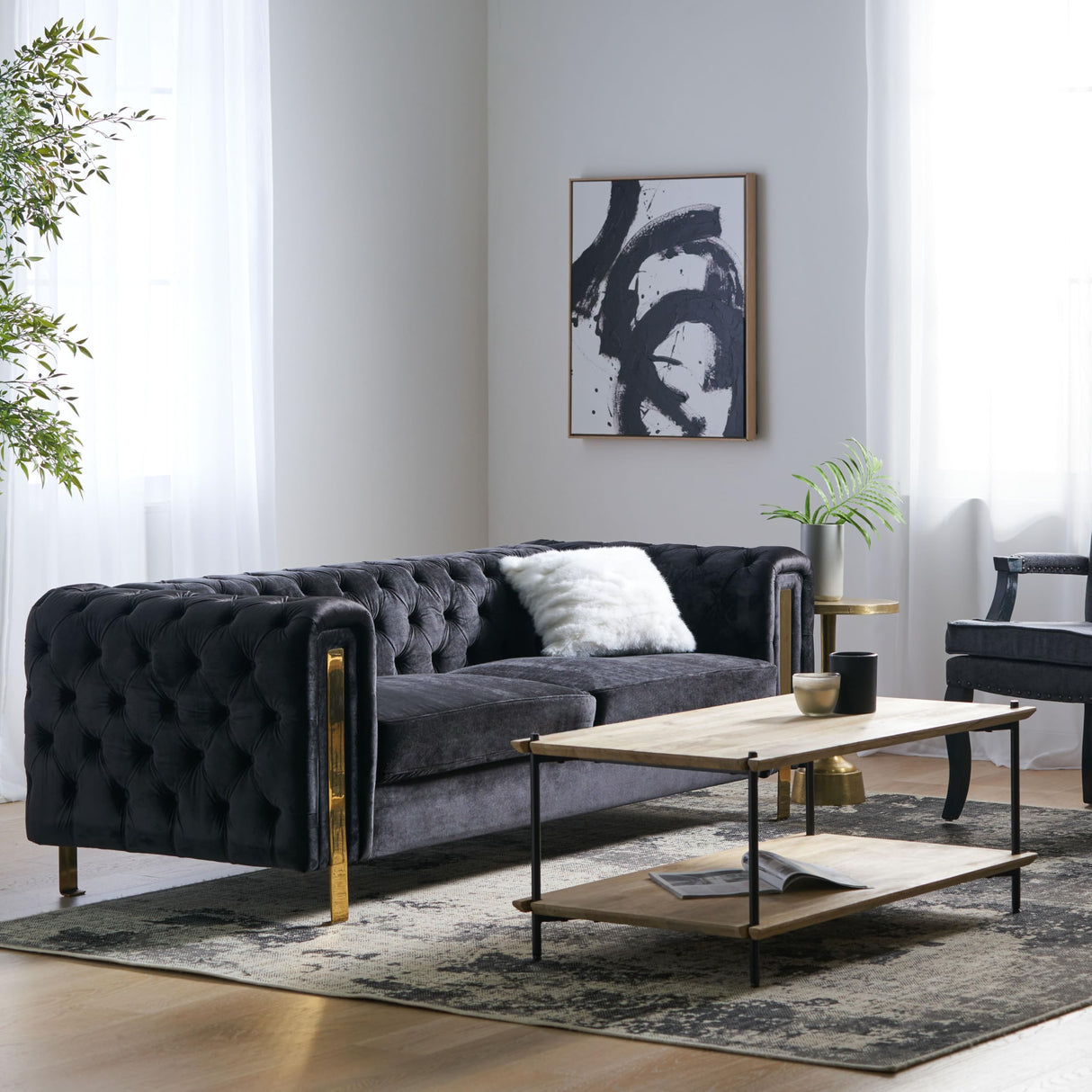 Asucoora Tufted Velvet Sofa Couch for Living Room, Upholstered Tuxedo Arm 3-Seater Sofa Couch with Golden Legs, Chesterfield Sofa Apartment, Office, Studio Black Asucoora