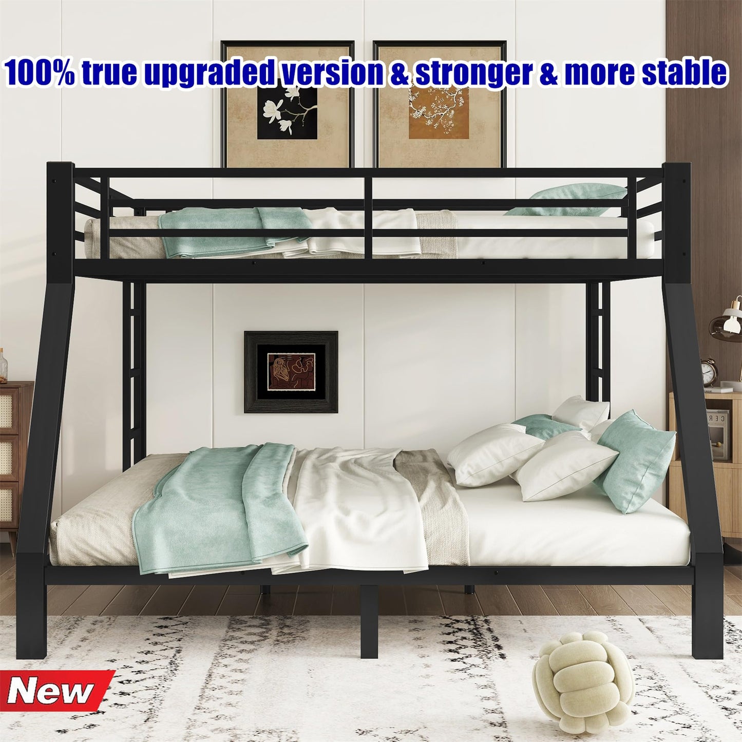 TSAMPA Latest Upgraded & Stronger Heavy Duty Black Metal Bunk Bed Frame Queen Over King Size, Thickened Safer More Stable Bunkbed King Bunk Bed (Easier to Assemble) (Queen Over King)