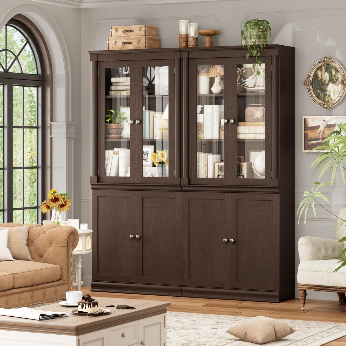 FACBOTALL 71.3'' Tall Bookcase with Glass Doors, Farmhouse Book Shelf with Adjustable Shelf, Tall Bookshelf with Storage, Bookshelves and Bookcases with 5 Tier Display Storage for Living Room, Brown FACBOTALL