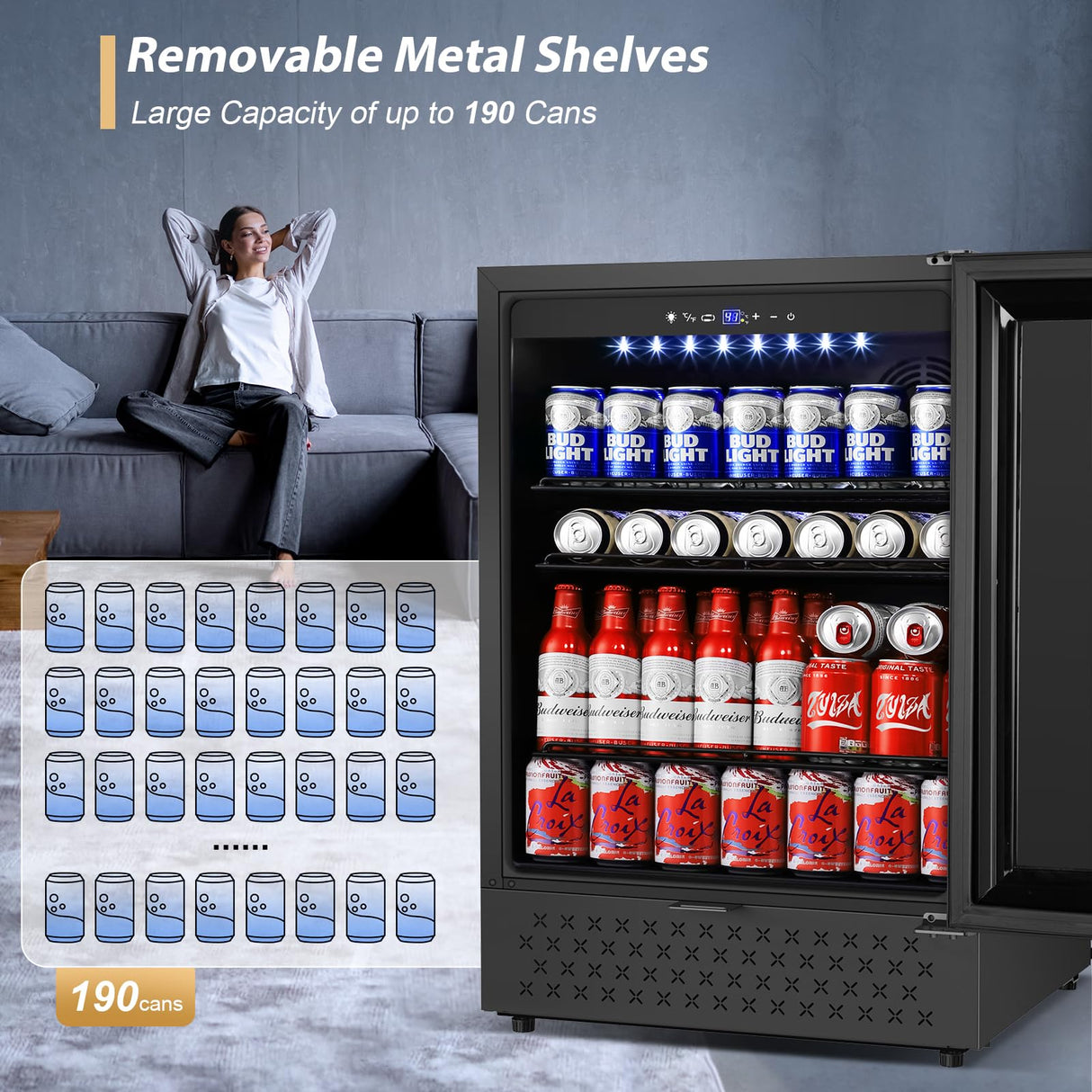 Tylza Beverage Refrigerator 24 Inch, Under Counter/Freestanding Drink Fridge, 190 Cans Beverage Cooler with Glass Door, Reversible Door, Low Noise, Quick Cooling - for Beer, Soda, ETC, Black Tylza