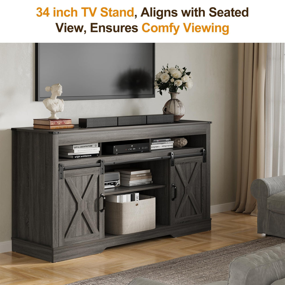 RoyalCraft TV Stand for 65+ Inch TV, Farmhouse 34'' Tall Entertainment Center for 23" Fireplace, Rustic TV Console with Sliding Bar Door for Living Room (Dark Grey) RoyalCraft