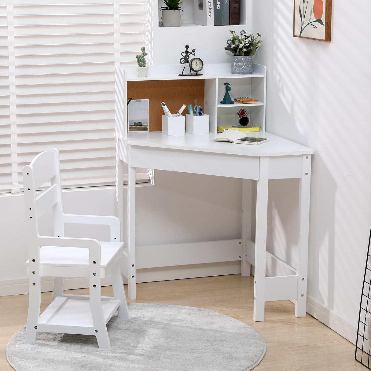 Kids Desk and Chair Set, Wooden Corner Study Table with Bookshelf, Bulletin Board, and Pen Holder, Writing Table for Boys and Girls, White GarveeHome