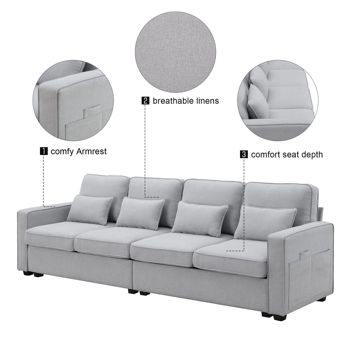 Brisca 104" 4-Seater Modern Linen Fabric Sofa with Armrest Pockets,Minimalist Style Wood Frame Couch W/4 Pillows,for Living Rooms,Apartments,Offices,Light Grey Brisca