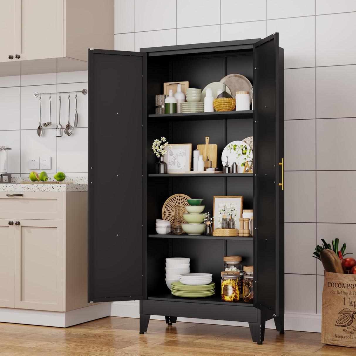 Lusiwry 61" H Metal Kitchen Pantry Storage Cabinet, Freestanding Cupboard with 2 Doors and 3 Adjustable Shelves, Standing Storage for Kitchen, Bathroom, Garage, Dinning Room or Utility Room（Black） Lusiwry