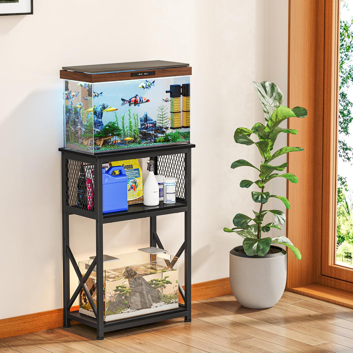 Snughome Fish Tank Stand, 10 Gallon Aquarium Stand with Storage, 3 Tier Heavy Metal Fish Tank Stand Fish Tank Shelf 20.47" x 11.42" x 30.91", Black Snughome