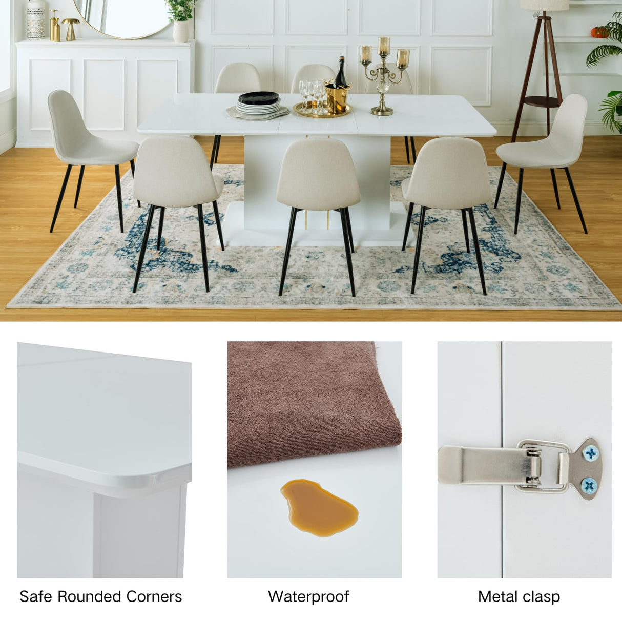 9-Piece High Gloss Dining Table with 8 Beige Fabric Durable Metal Legs Chairs for 6-8 Persons, 63-80.7'' Contemporary Extendable Table Set for Dining Room, Conference Room, Reception Area, White Homy Casa