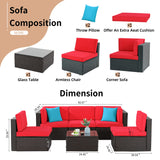 Shintenchi 6 Pieces Patio Furniture Sets Outdoor All-Weather Sectional Patio Sofa Set PE Rattan Manual Weaving Wicker Patio Conversation Set with Glass Table & Ottoman Cushion and Red Pillows, Red Shintenchi