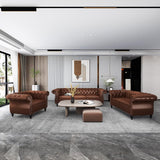 AVZEAR Chesterfield Leather Sofa 3 Seater Couch, Mid-Century Large Sofa Roll Arm Classic Tufted Settee Modern PU Sofa with Channel Tufted Seat Back for Living Room, Office, Apartment, PU Brown AVZEAR