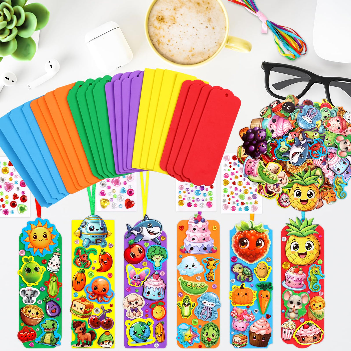 Summer Crafts Kits Kids DIY Bookmark Kit Foam Bookmarks Crafts Art Sets Fruits Sweet Treats Sun Ornaments Stickers for Kids Classroom Activities Rewards Party Favor 24 Pcs Treasure Cove