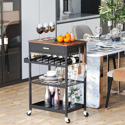 TOOLF Kitchen Island Cart with Drawer, Rolling Kitchen Service Cart with Wooden Tabletop, 3-Tier Storage Cart on Wheels, Storage Trolley Cart with Hooks for Kitchen, Dining Room - WoodArtSupply