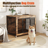 LEMBERI 32 Inch Dog Crate Furniture with Cushion, Wooden Double Doors Dog Kennel Cage Indoor with Wheels, Pet House Decorative Side End Table for Small Medium Dogs, Rustic Brown LEMBERI