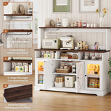 Hasuit Farmhouse Sideboard Buffet Cabinet with Goblet Holder & Power Outlet, Coffee Bar Storage with RGB LED Light and Adjustable Shelf for Kitchen Living Room (White) Hasuit