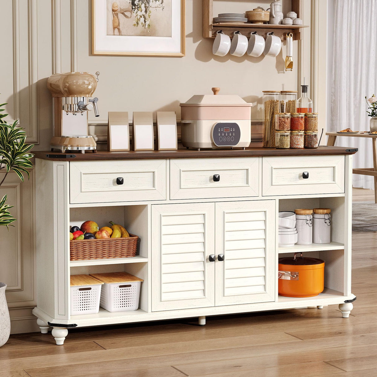 DWVO Farmhouse TV Stand for 65 Inch TV, 31.5" Tall Entertainment Center w/3 Drawers & Shutter Doors, Rustic Media Console Cabinet w/Storage Shelves, Wood Television Stand for Living Room, Rustic White DWVO