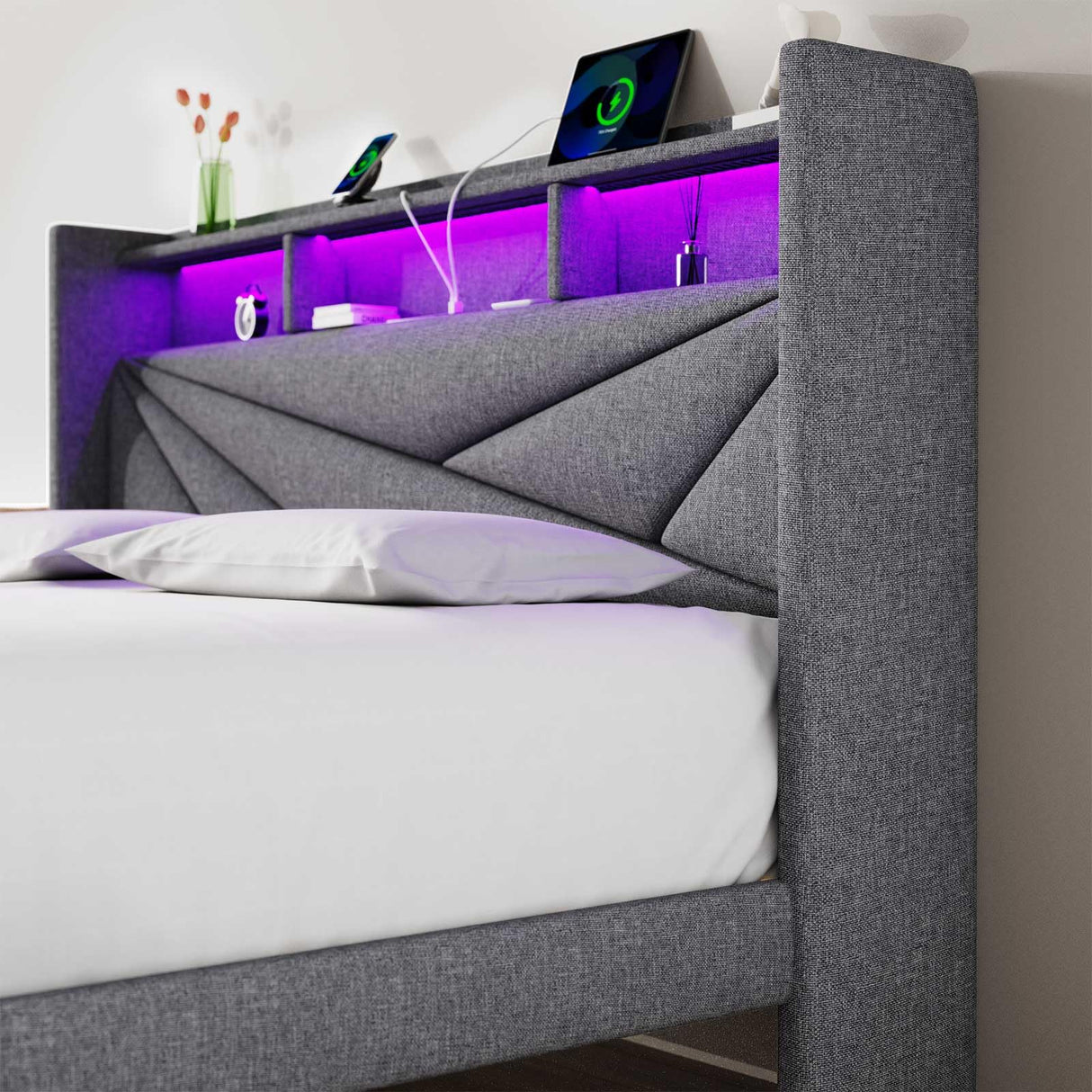 Driftalia LED Full Size Bed Frame with 2 Storage Drawers, Upholstered Full Bed Frame with Headboard and Charging Station, No Box Spring Needed, Easy to Assembly-Light Grey Driftalia