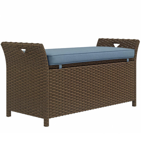 Outsunny 29 Gallon Patio Wicker Storage Bench, Outdoor PE Rattan Patio Furniture, 2-in-1 Large Capacity Rectangle Garden Storage Box with Handles and Cushion, Dark Blue Outsunny