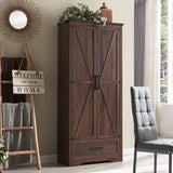 Farmhouse Style 72" Tall Storage Cabinet with Adjustable Shelves, Drawer & Barn Doors in Antique Brown JXQTLINGMU
