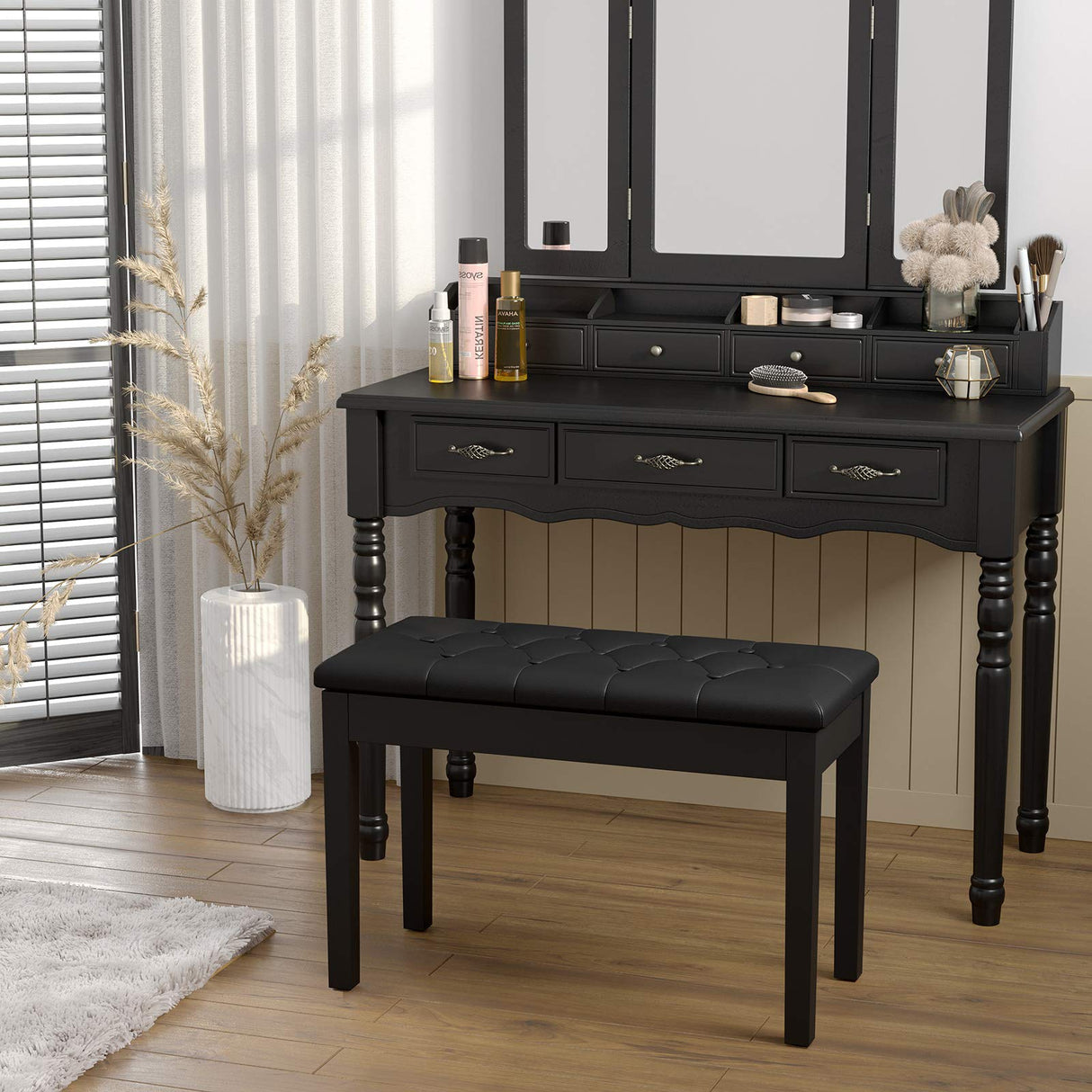 SONGMICS Duet Piano Bench with Padded Cushion and Storage Compartment for Music Books, Tufted Wooden Seat, Black ULPB074B01 SONGMICS
