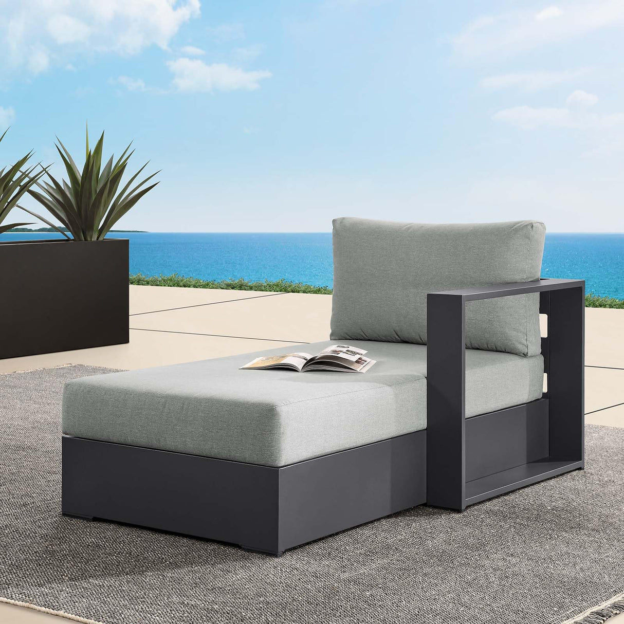 Modway Tahoe Powder-Coated Aluminum Outdoor Chaise Lounge Gray with Weather-Resistant Cushions, Modular Right-Facing Patio Lounger for Pool Furniture or Sectional Sofa Set Modway