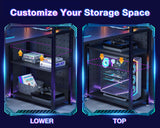 ODK Reversible Gaming Desk with Power Outlets and LED Lights, 48 Inch Computer Desk with Storage Shelves and Monitor Stand, Modern Writing Study Desk for Home Office, Carbon Fiber Black ODK