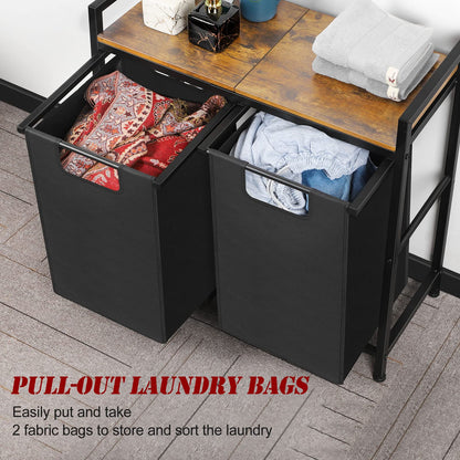 Laundry Basket 2 Section Laundry Hamper with Wooden Shelf and 2x45L Removable Laundry Sorter Bags Double Clothes Hamper for Laundry Room Bathroom Dorm Oxford Fabric Metal Frame, Rustic Brown and Black