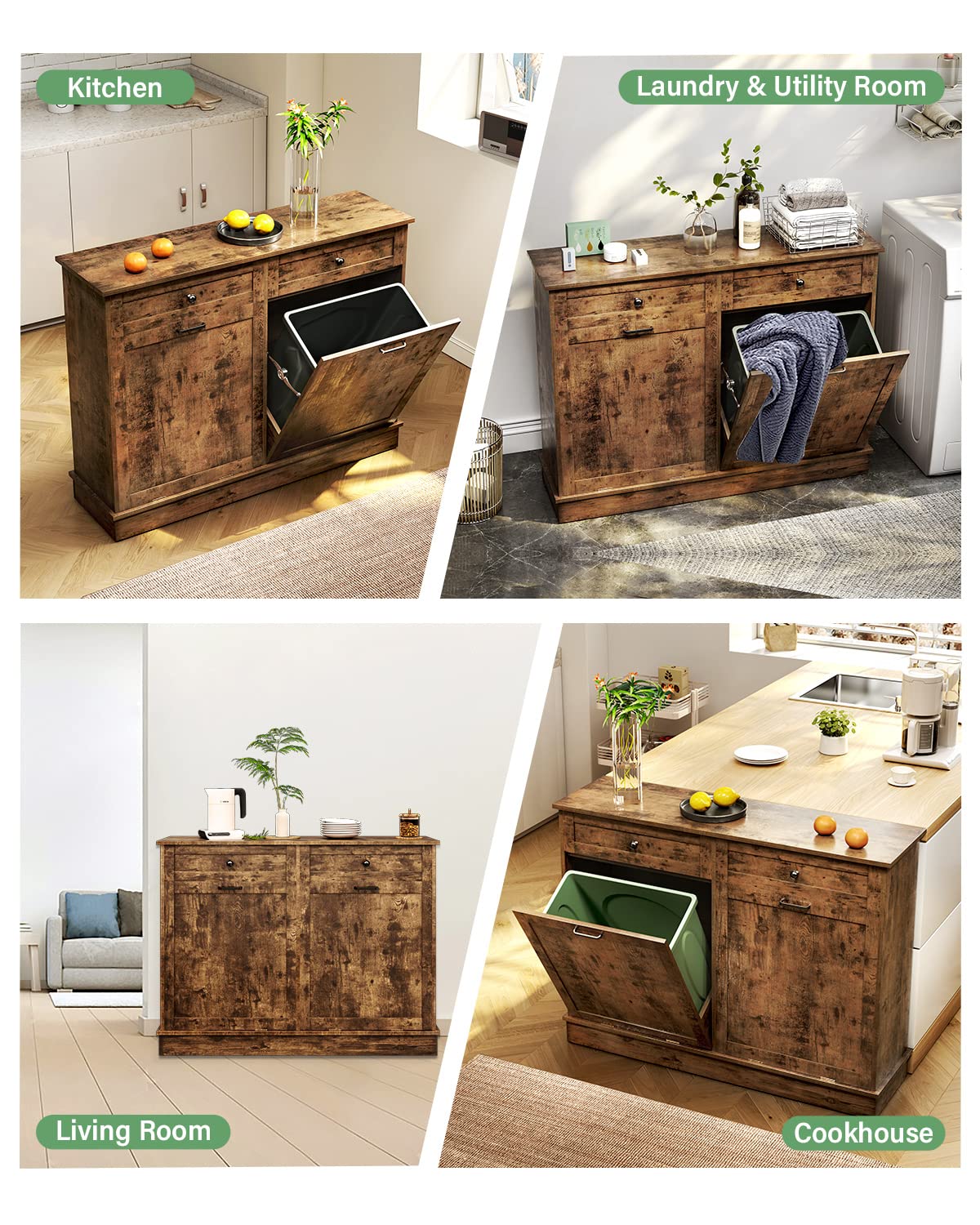 TC-HOMENY Tilt Out Trash Cabinet with Drawer, Free Standing Trash Can Cabinets, Manual and Auto Mode Shutdown Cabinet Door, Recycling Can Cabinet Home, Kitchen, Living Room TC-HOMENY