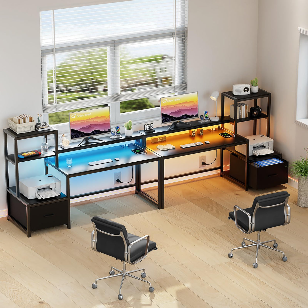 GreenForest Office Desk with Power Outlets and Printer Shelf, 59 inch Computer Desk with LED and Drawer, Reversible Gaming Desk with Storage for Home Study Working,Black GreenForest