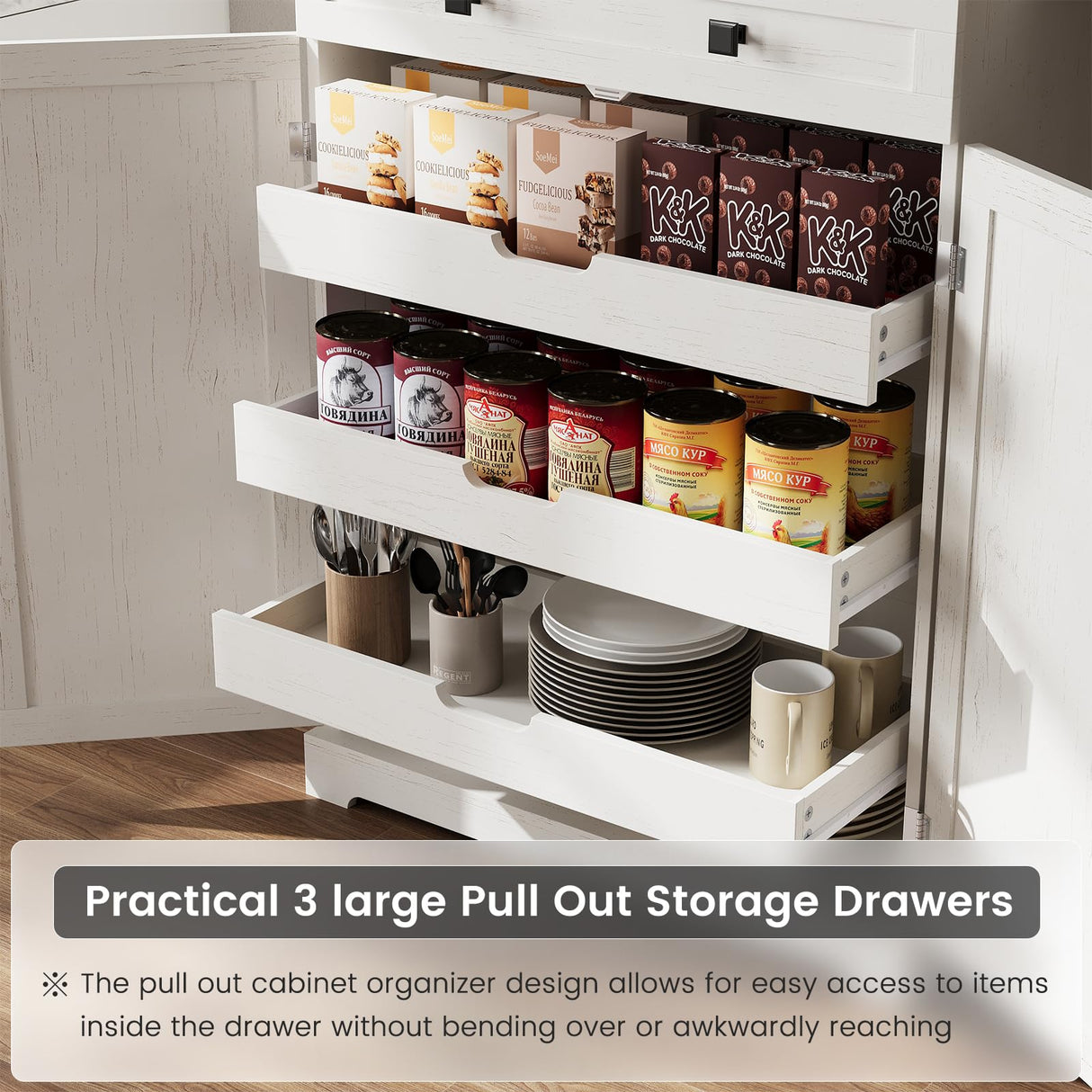 ELYKEN 72" Tall Pantry Cabinet for Kitchen, White Kitchen Storage Cabinet with Slide Out Rack & 8 Door Organizer, Farmhouse Wood Tall Freestanding Cupboard for Dining Room Living Room ELYKEN