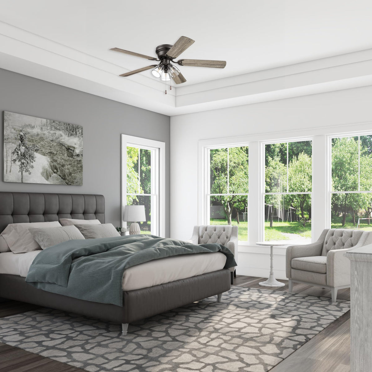 Portage Bay Ceiling Fans 52" Renton Bronze Indoor Fan with Clear 3 Light LED Multi Arm; E26/B11 Bulb and Pull-Chains, Traditional Style, 5 Reversible Barnwood/Dark Chestnut Blades, 51439 Portage Bay