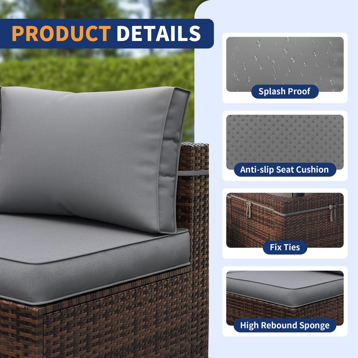 VONZOY Patio Furniture Set, 7-Piece Outdoor Sectional with Waterproof Cover, All-Weather Wicker Patio Conversation Sets for Backyard (Brown with Grey Cushion) VONZOY