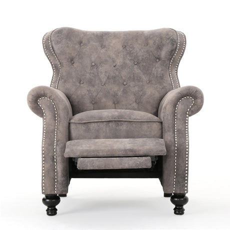 Mid Century Wingback Recliner, Fabric Push Back Recliner Chair Single Rolled Armchair Sofa with Rivet Decoration, Accent Chairs with Stable Hump Feet for Living Room (Brown Gray) Xinmviec