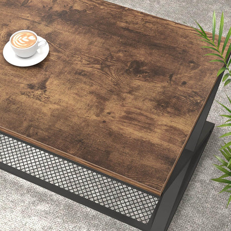LVB Rustic Coffee Table with Storage, Industrial Wood Metal 2 Tier Center Living Room Table with Mesh Shelf, Farmhouse Wooden Low Rectangle Cocktail Tea Table for Office Bedroom, 47 inch, Rustic Brown LVB