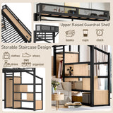 Bellemave Loft Bed Full Size with Storage Stairs, Beside Shelf & Wardrobe, Metal Full Size Loft Bed with USB Ports & LED Light, Large Under-Bed Space Loft Beds for Adults, Teens, Kids, Black Natural Bellemave