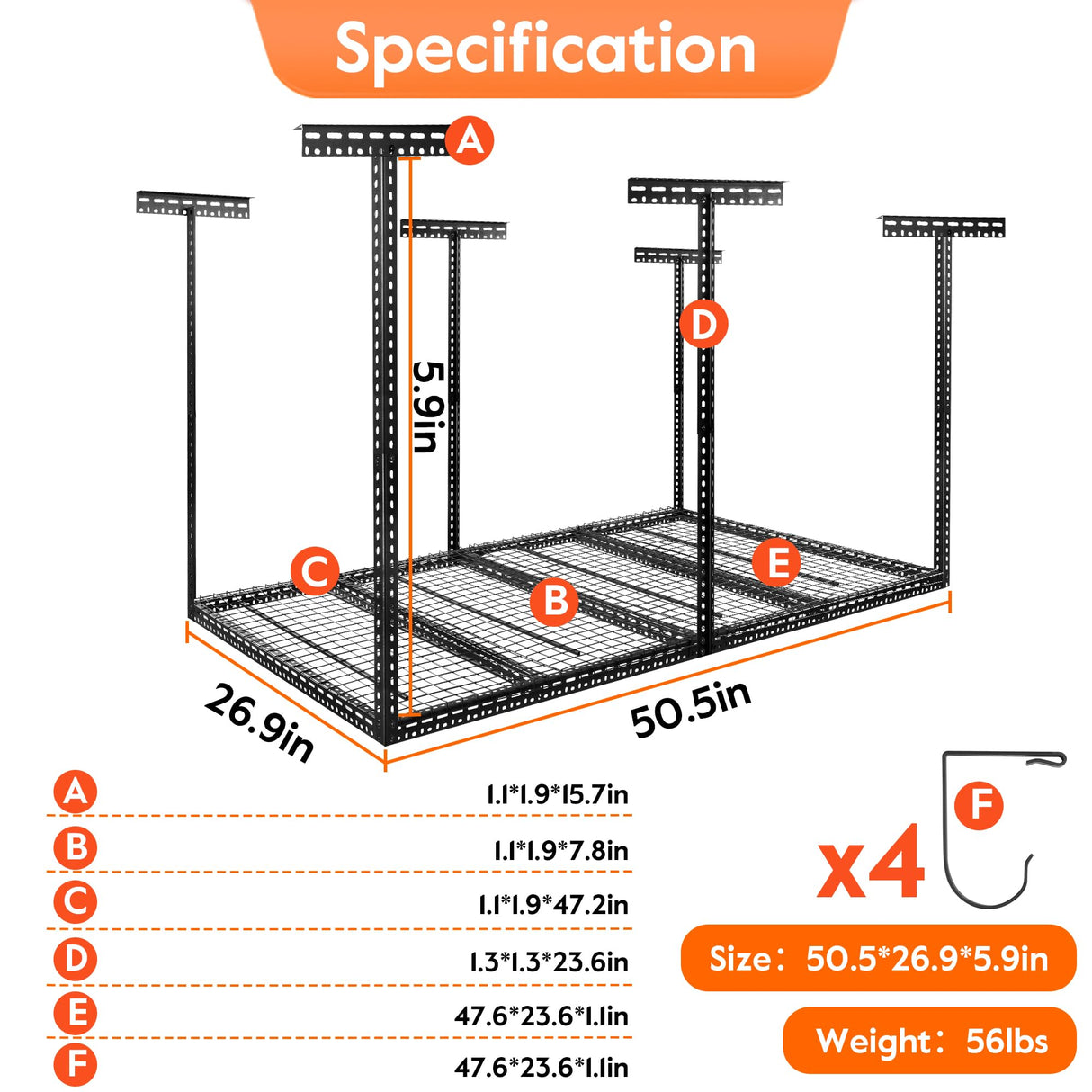 Rengue Overhead Garage Storage Rack, 4 x 8FT Height Adjustable Garage Ceiling Storage Racks, Heavy Duty Cold Rolled Steel Storage Rack for Garage, Warehouse with 4 Hooks Rengue