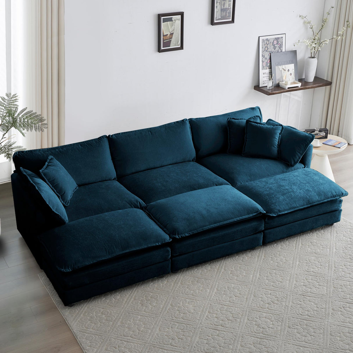 111.42" Deep Seat Sectional Cloud Sofa Sleeper with 3 Ottomans & Soft Pillows, 6 Seat Modular Couch Bed for Living Room, Apartment, Dark Blue Chenille Tmsan