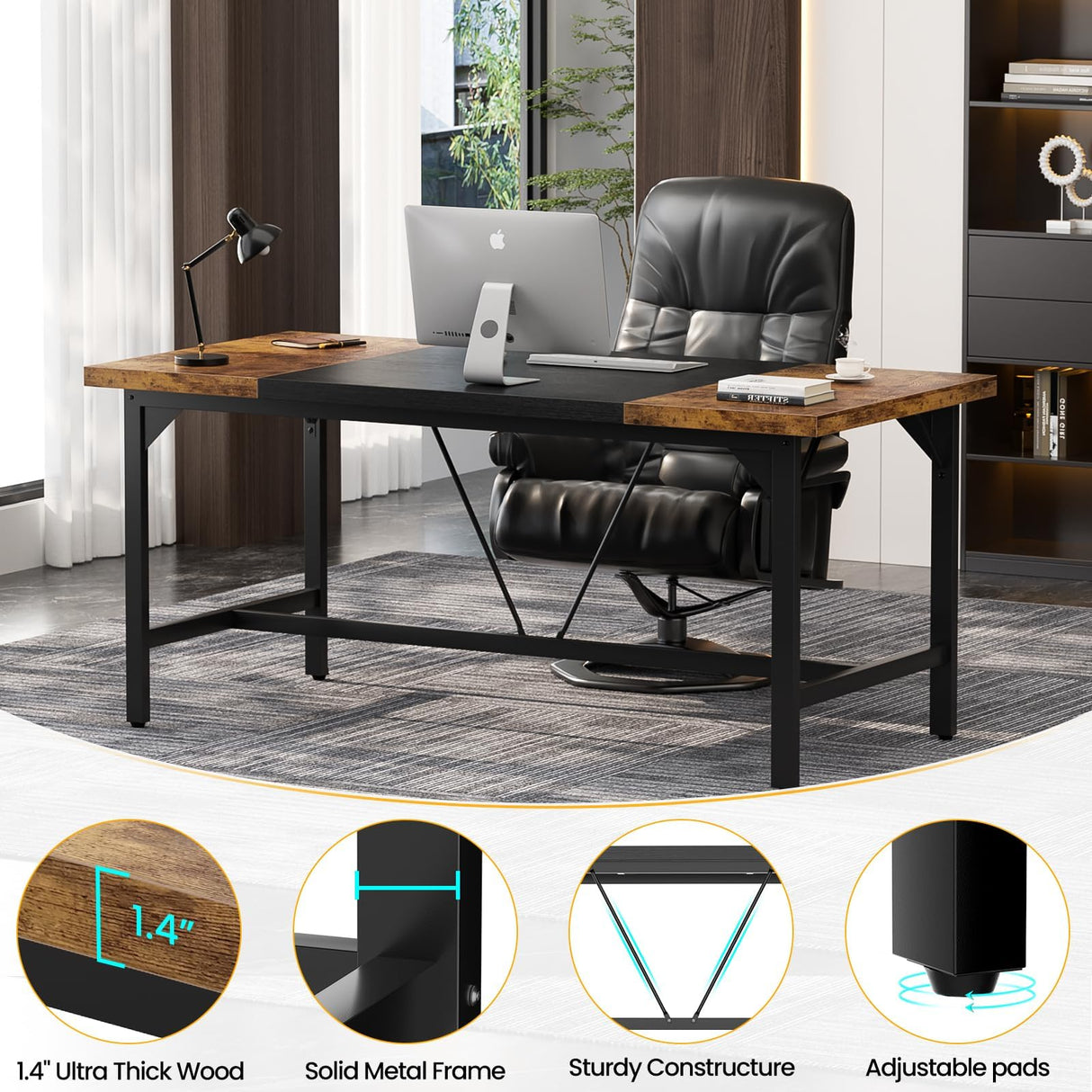 Unikito Large Computer Desk, 63 x 31.5 Inch Long Office Desks, Premium Sturdy 2 Person Desk, 1.4” Thick Study Writing Table, Modern Laptop Computer Table for Home Office Workstation, Rustic Brown Unikito