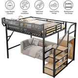 MoproBeti Queen Loft Bed with Stairs, Metal Loft Bed Queen Size with Storage Shelves, Adults Loft Bed with Wardrobe, Heavy Duty High Loft Bed for Teens, No Box Spring Needed, No Noise, Black MoproBeti