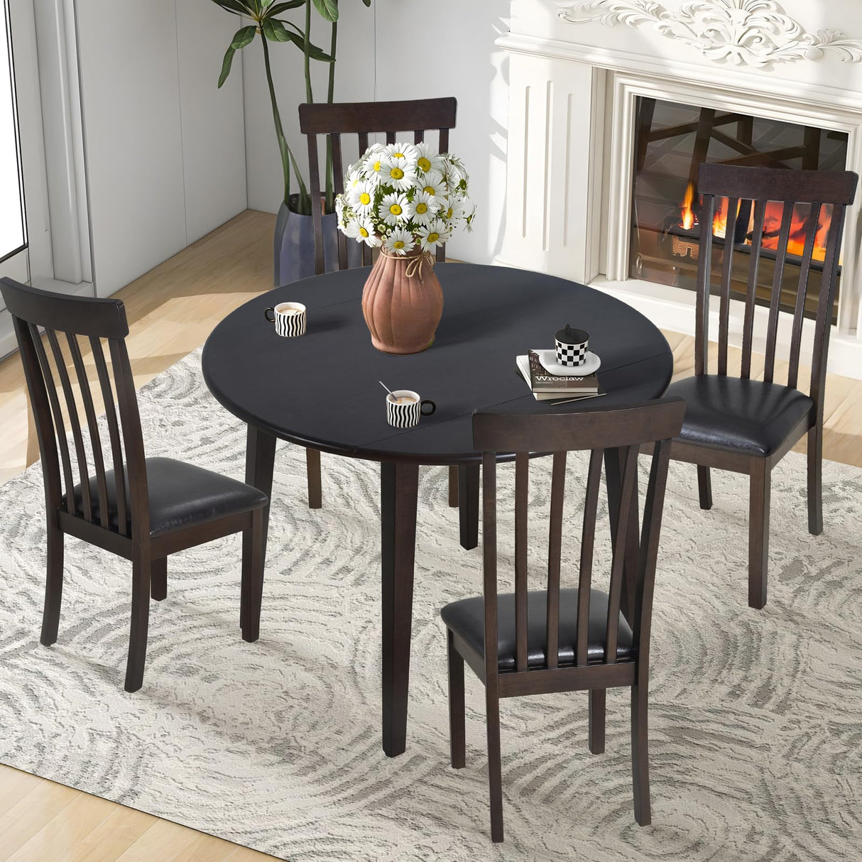 COLAMY 35.8" Wooden Kitchen Table, Expandable Folding Round Table for Small Spaces, Small Kitchen, Drop Leaf Dining Room Desk for Space, Home, Apartment, Office - Darkbrown COLAMY