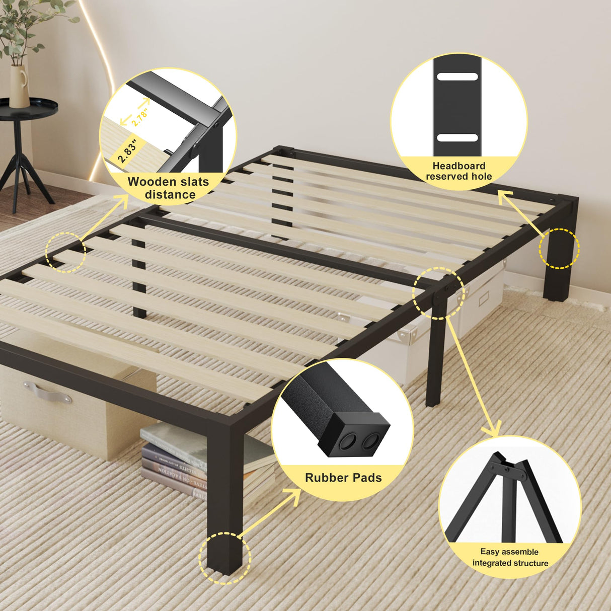 ROIL 14 inch Twin Size Bed Frames with Wide Wood Slats - 3500lbs Heavy Duty No Box Spring Needed Platform, Mattress Stoppers Single Metal Noise Free, Headboard Hole Underneath Storage ROIL