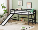 VINGLI 47 Inches Medium High Loft Bed with Slide, Space Saving Kids Low Loft Bed Twin Size with Guardrail and Flat Ladder, Pine Wood Bed Frame for Boys and Girls, Black VINGLI