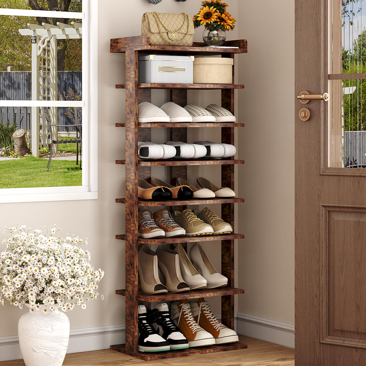 HOMEFORT 7-Tier Wood Shoe Rack, Double Rows Shoe Shelf, Shoe Storage Stand, Entryway Shoe Tower, Vertical Shoe Organizer for Narrow Closet, Entryway, Hallway, Rustic Brown HOMEFORT