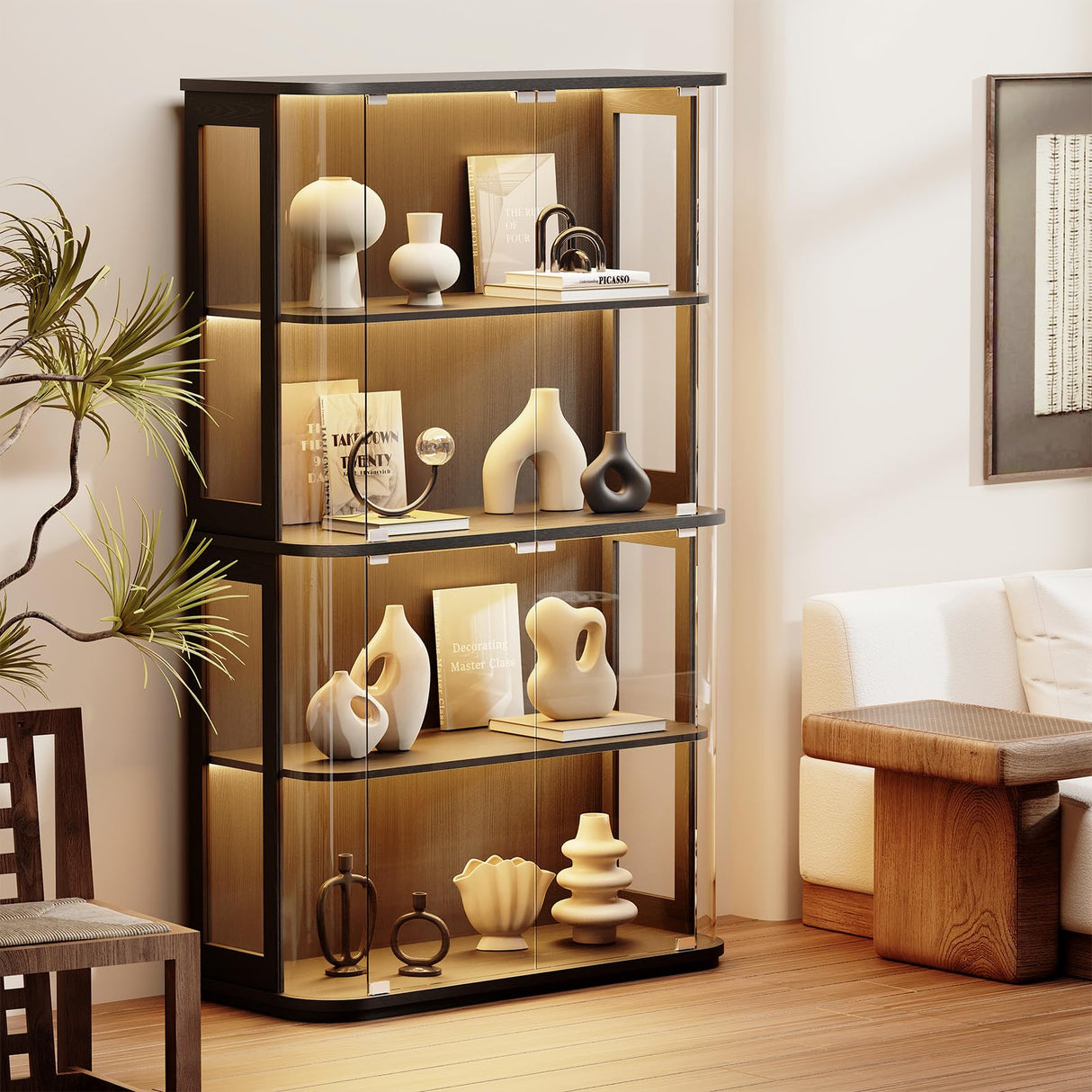 BROTTAR Large Rounded Display Cabinet with Glass Door, 4-Tier Curio Cabinet with 3 Color Lights for Collectibles, Glass Display Case with Transparent Full-Display Surface, Human Body Sensor, Black BROTTAR