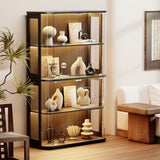 BROTTAR Large Rounded Display Cabinet with Glass Door, 4-Tier Curio Cabinet with 3 Color Lights for Collectibles, Glass Display Case with Transparent Full-Display Surface, Human Body Sensor, Black BROTTAR