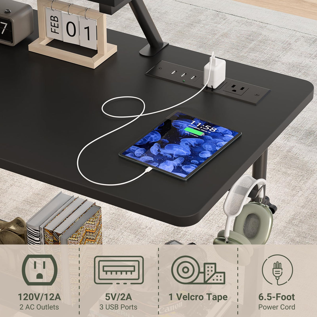 Height Adjustable Standing Desk with Power Outlets and LED Lights - 39" Manual Stand Up Desk with Monitor Stand and Storage Shelves Small Mobile Rolling Computer Desk Portable Laptop Table, Black Besiost